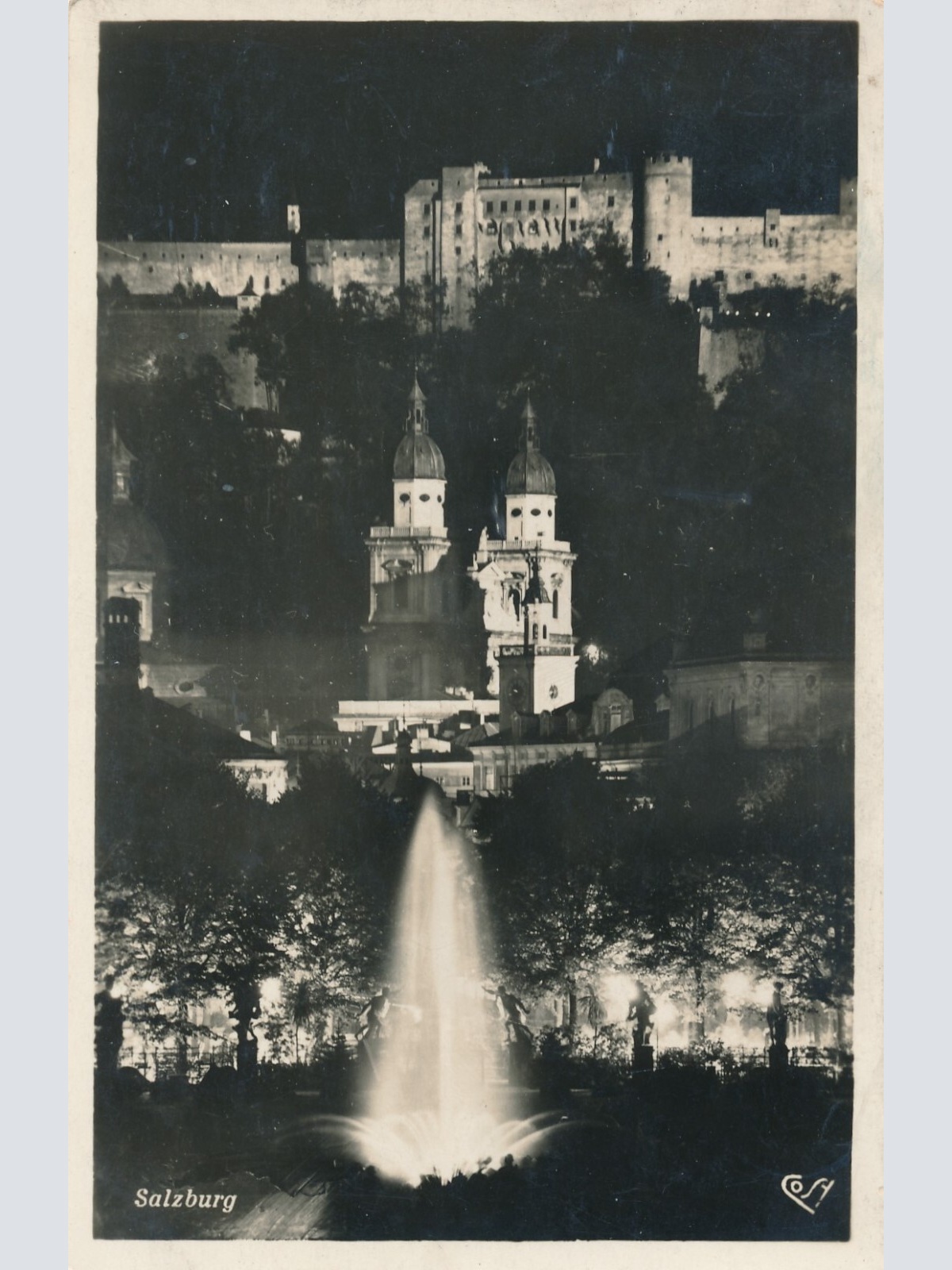 AK, Salzburg, Leuchtbrunnen im Mirabellgarten mit Dom u. Festung (S630)