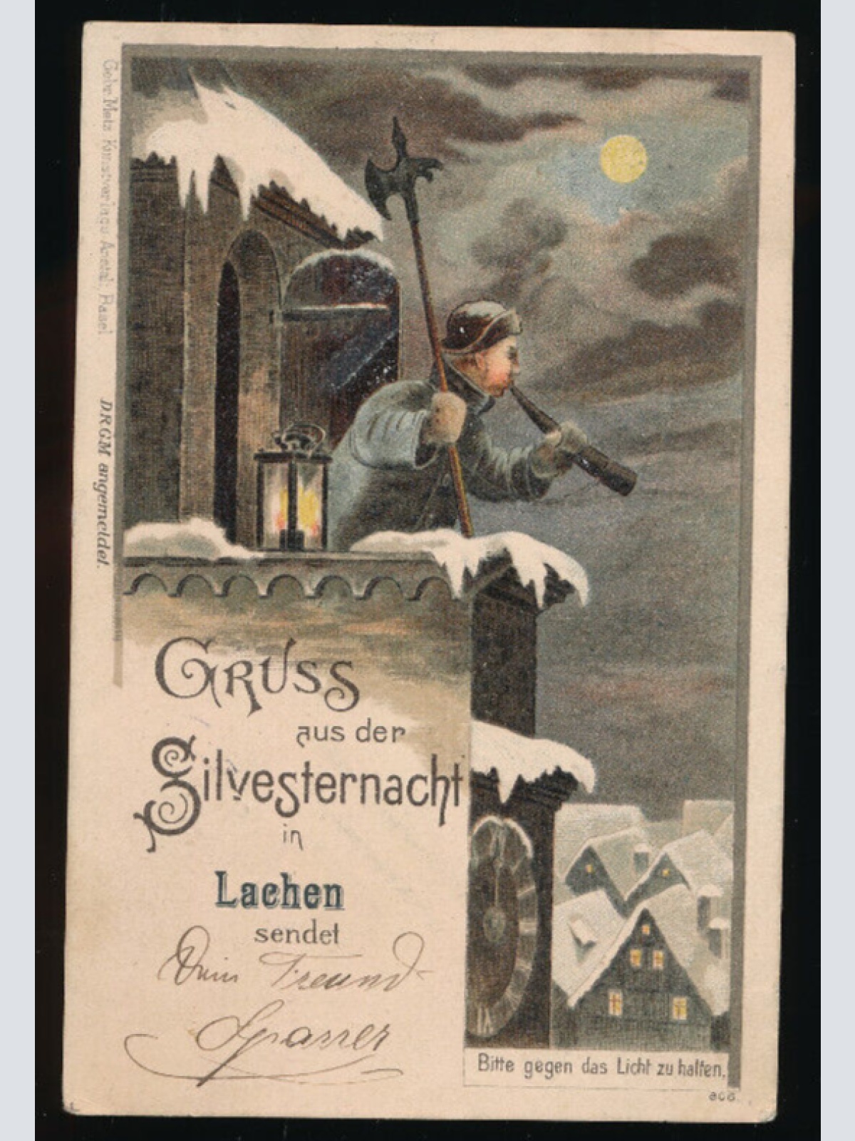 Mondschein Litho - Karte gruss aus der Silvesternacht in Lachen mit Wache (4620)
