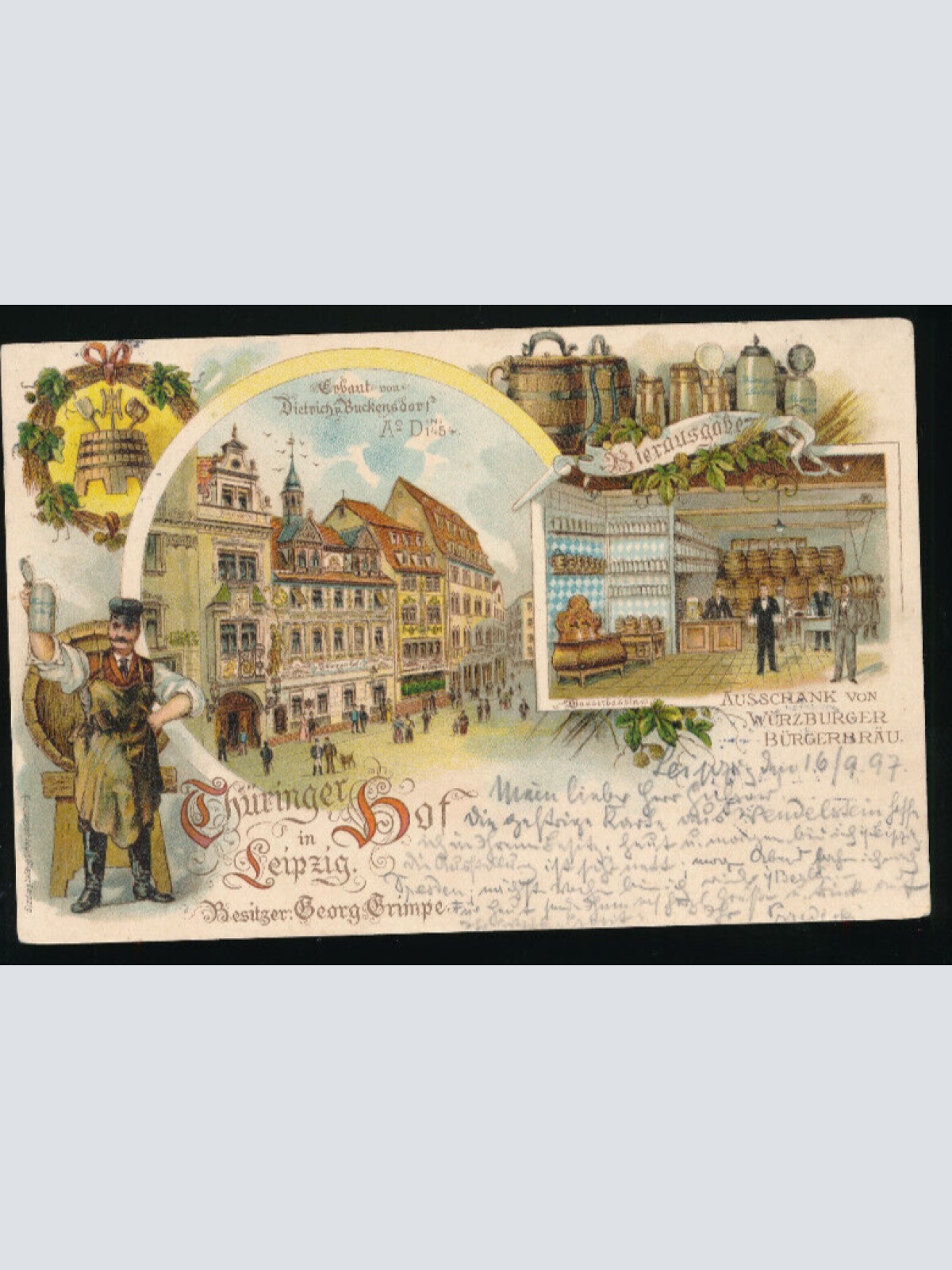 Litho - Karte vom Thüringer - Hof in Leipzig Sachsen (5427)
