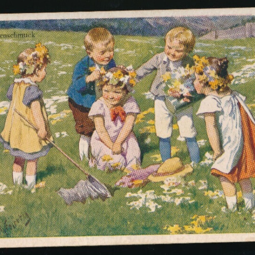 Motiv- Karte im Blütenschmuck Kinder auf der Blumenwiese (5699)