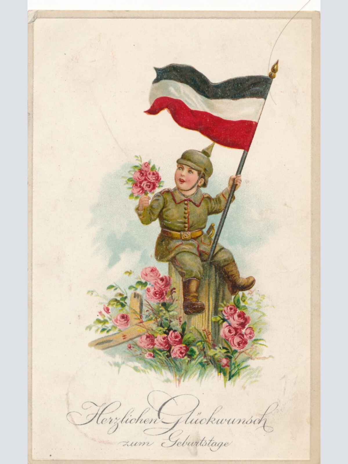 Präge-Karte, Herzlichen Glückwunsch zum Geburtstage, Soldat mit Flagge (S1638)