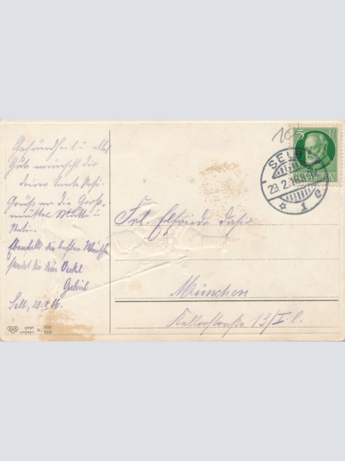 Präge-Karte, Herzlichen Glückwunsch zum Geburtstage, Soldat mit Flagge (S1638)