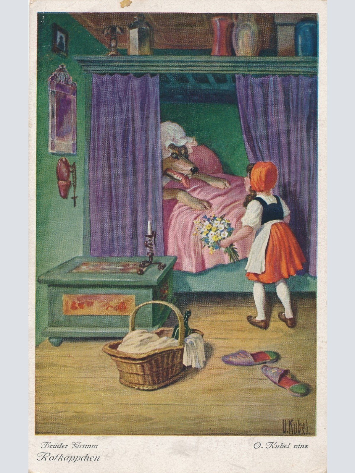 AK, Brüder Grimm, Rotkäppchen neben verkleideten Wolf im Bett (S1644)
