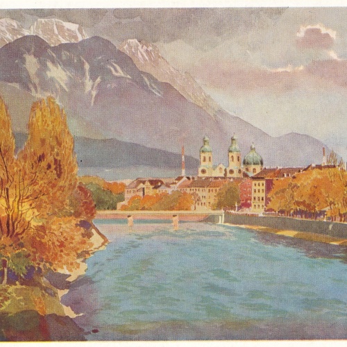 Künstlerserie Innsbruck, Nr. 8, Inn mit Pfarrkirche und Bettelwurf Tirol (S1553)