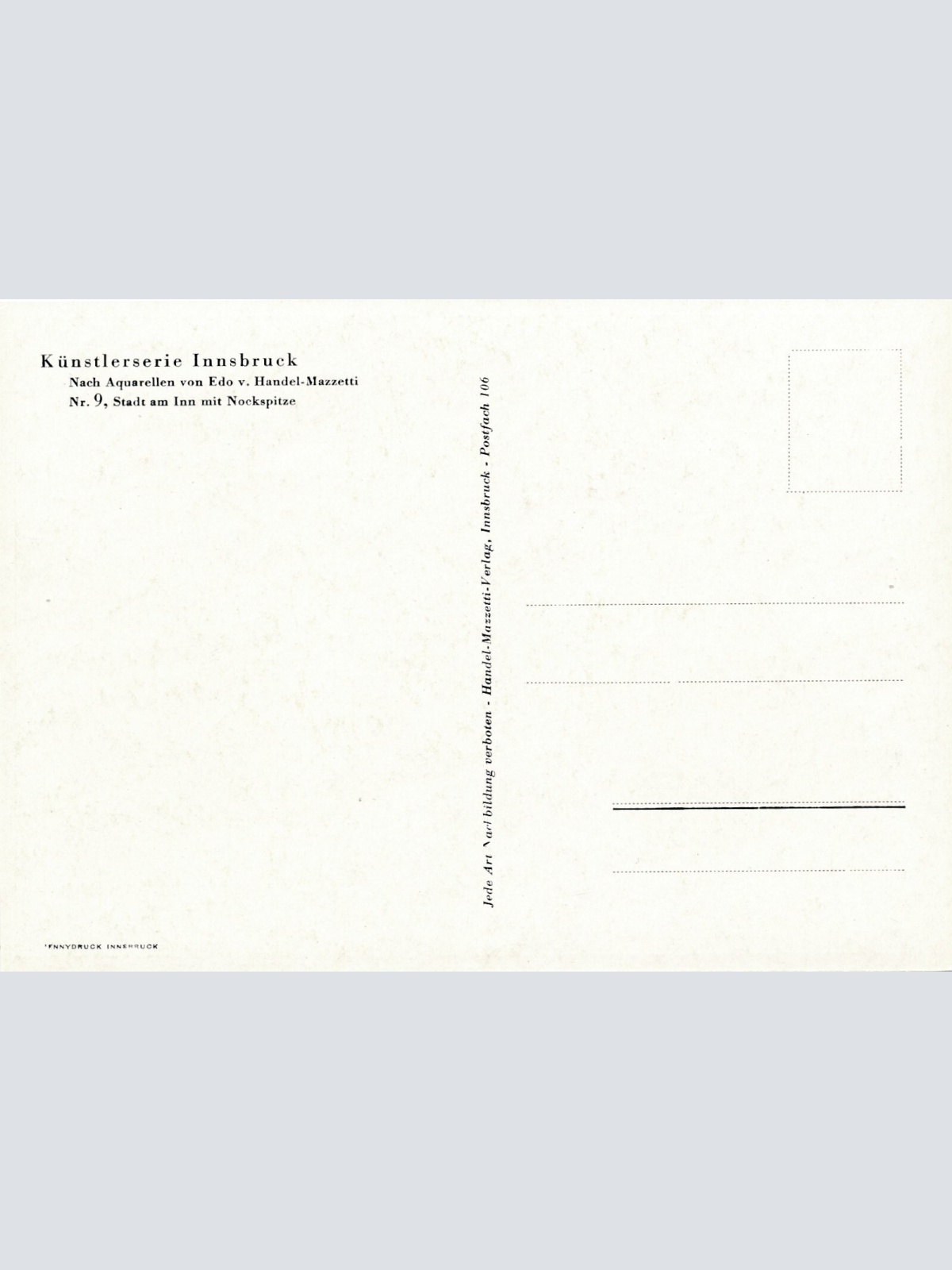 Künstlerserie Innsbruck, Nr. 9, Stadt am Inn mit Nockspitze, Tirol (S1552)