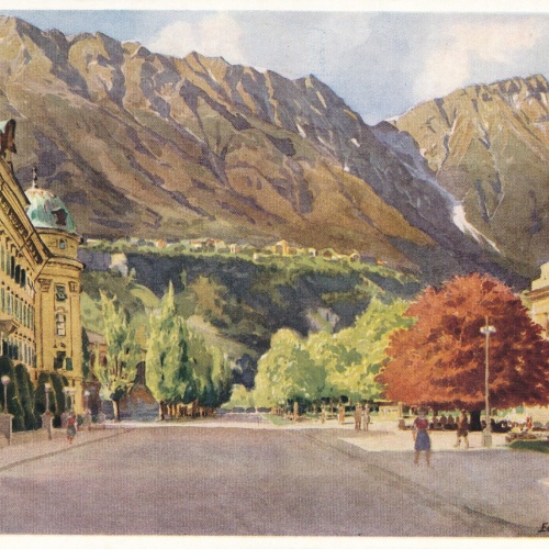 Künstlerkarte, Innsbruck, Rennweg gegen Hungerburg und Nordkette, Tirol (S1551)