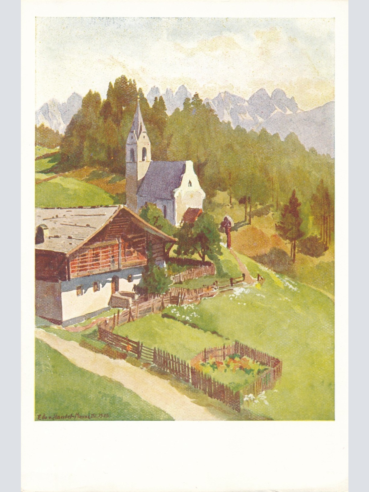 AK Künstlerserie Seefeld, Nr. 5. Mösern gegen die Kalkkögel, Tirol (S1548)