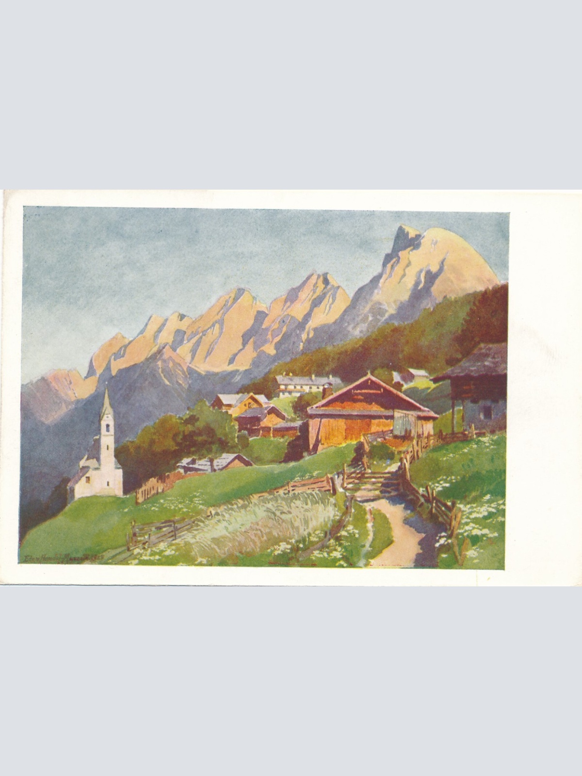 AK Künstlerserie Seefeld, Nr. 4. Mösern gegen die Miemingerkette, Tirol (S1549)