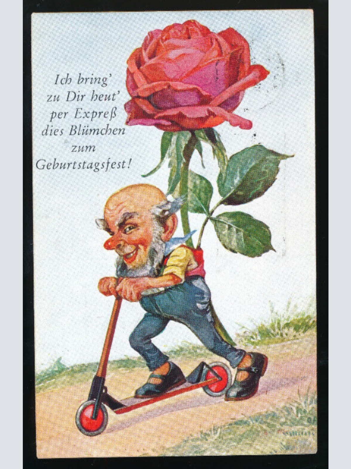 Glückwunsch - Karte zum Geburtstag Zwerg mit Rose (5638)
