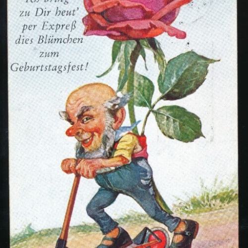 Glückwunsch - Karte zum Geburtstag Zwerg mit Rose (5638)