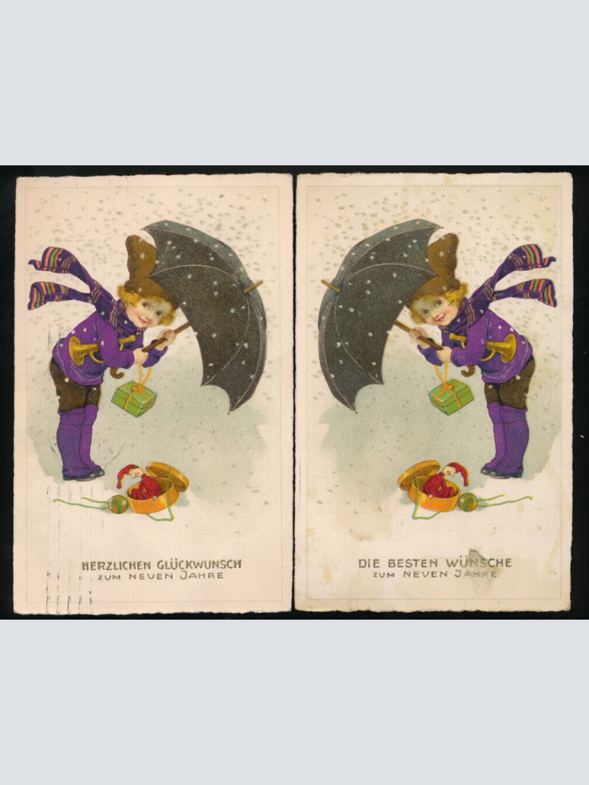 Zwei Glückwunsch - Karten Neujahr Kind mit Regenschirm (5637)