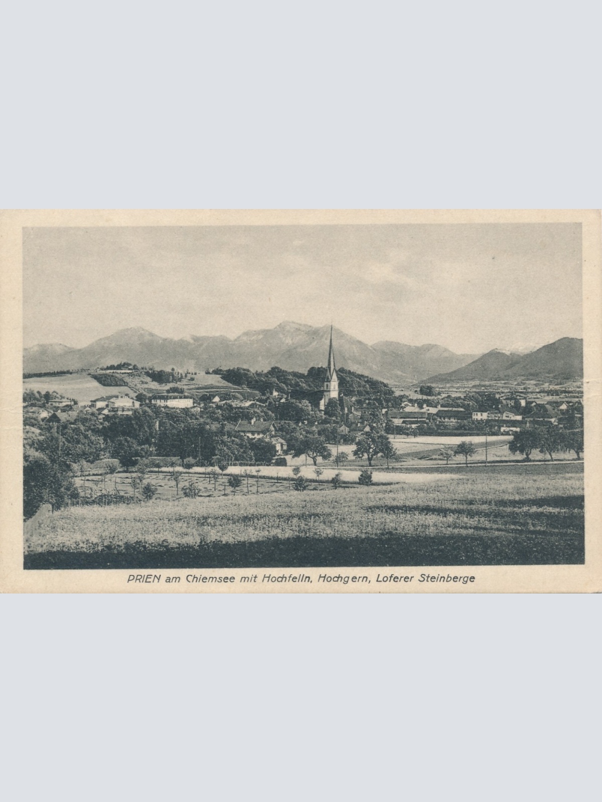 AK Prien am Chiemsee mit Hochfelln, Hochgern, Loferer Steinberge, Bayern (S1540)