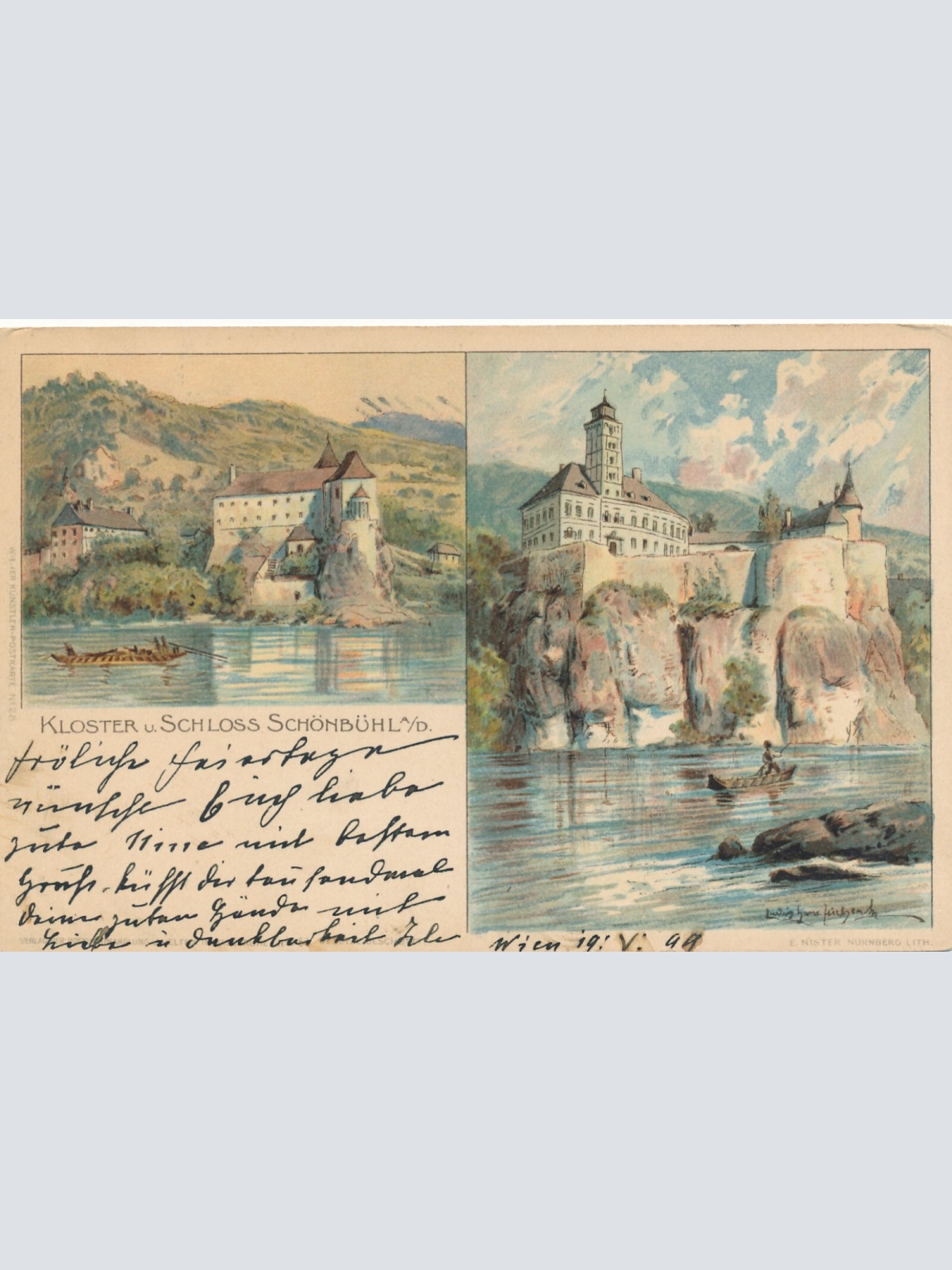 Litho - Karte vom Kloster und Schloss Schönbühl Niederösterreich (6284)