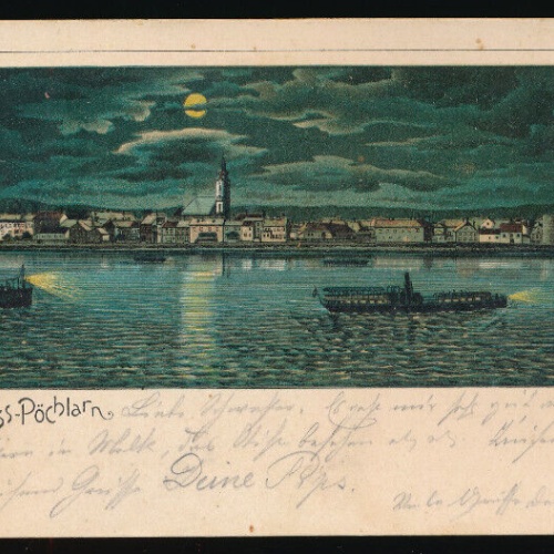 Litho - Karte - Mondschein - Karte gruss aus Pöchlarn Niederösterreich (5974)