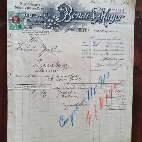 Alte Rehnung 1912 aus Wien Tücher und Druckfabrick Bondi und Mayer (X3)