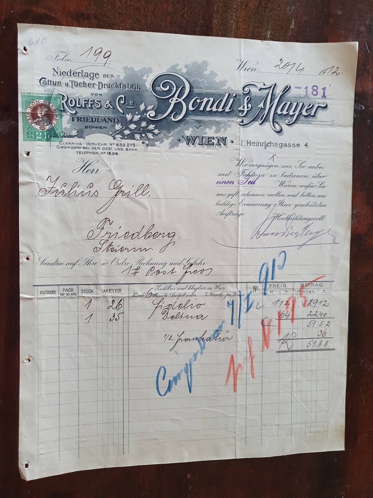 Alte Rehnung 1912 aus Wien Tücher und Druckfabrick Bondi und Mayer (X3)