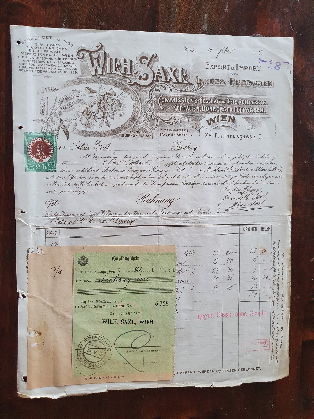 Alte Rehnung 1912 aus Wien Dürrobst und Fettwaren Wilhelm Saxl (X2)