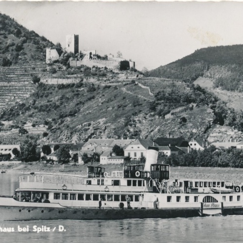 AK aus Spitz mit Ruine Hinterhaus und Dampfer Niederösterreich (6896)