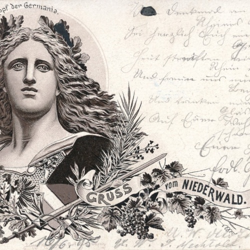 Litho - Karte gruss vom Niederwald mit Kopf der Germania (7266)