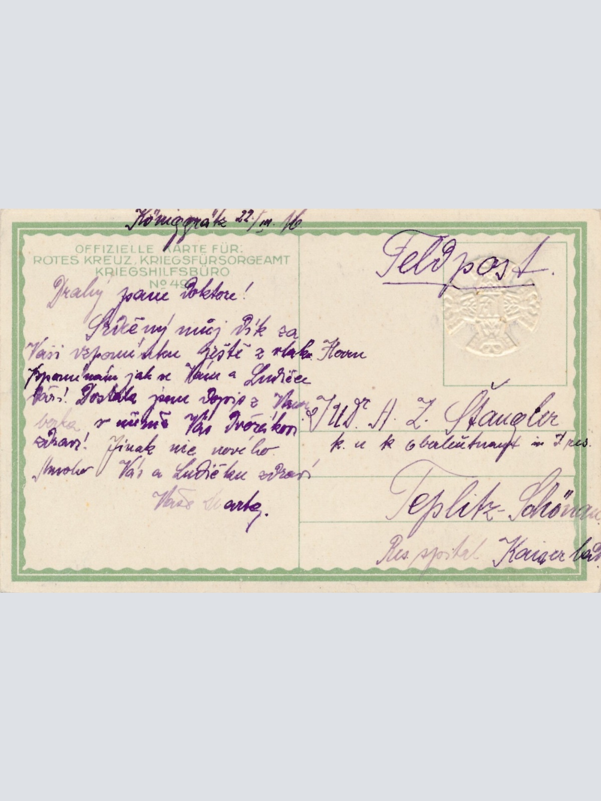 Präge Rot Kreuz Karte Nr.49 Offizielle Kriegsfürsorge (7095)