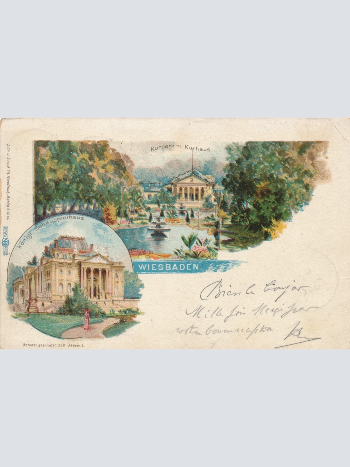 Litho - Karte gruss aus Wiesbaden Hessen (6623)