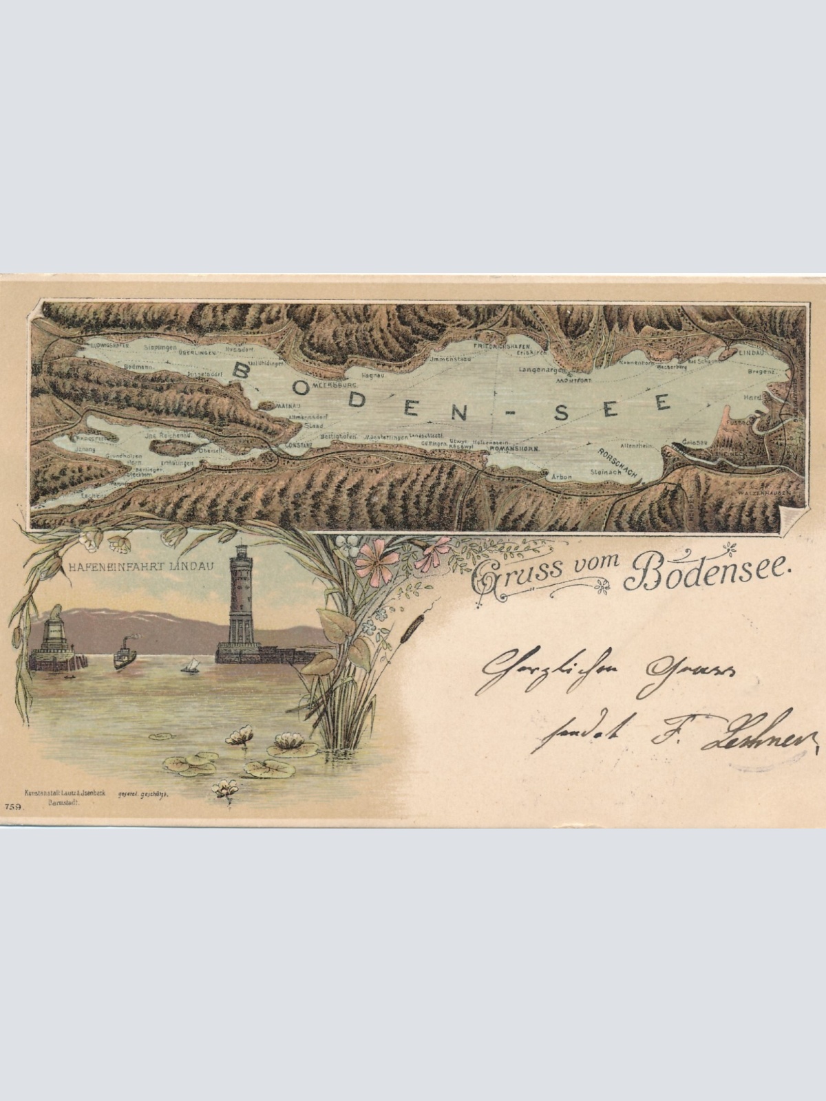 Litho - Karte gruss vom Bodensee Bayern (6606)