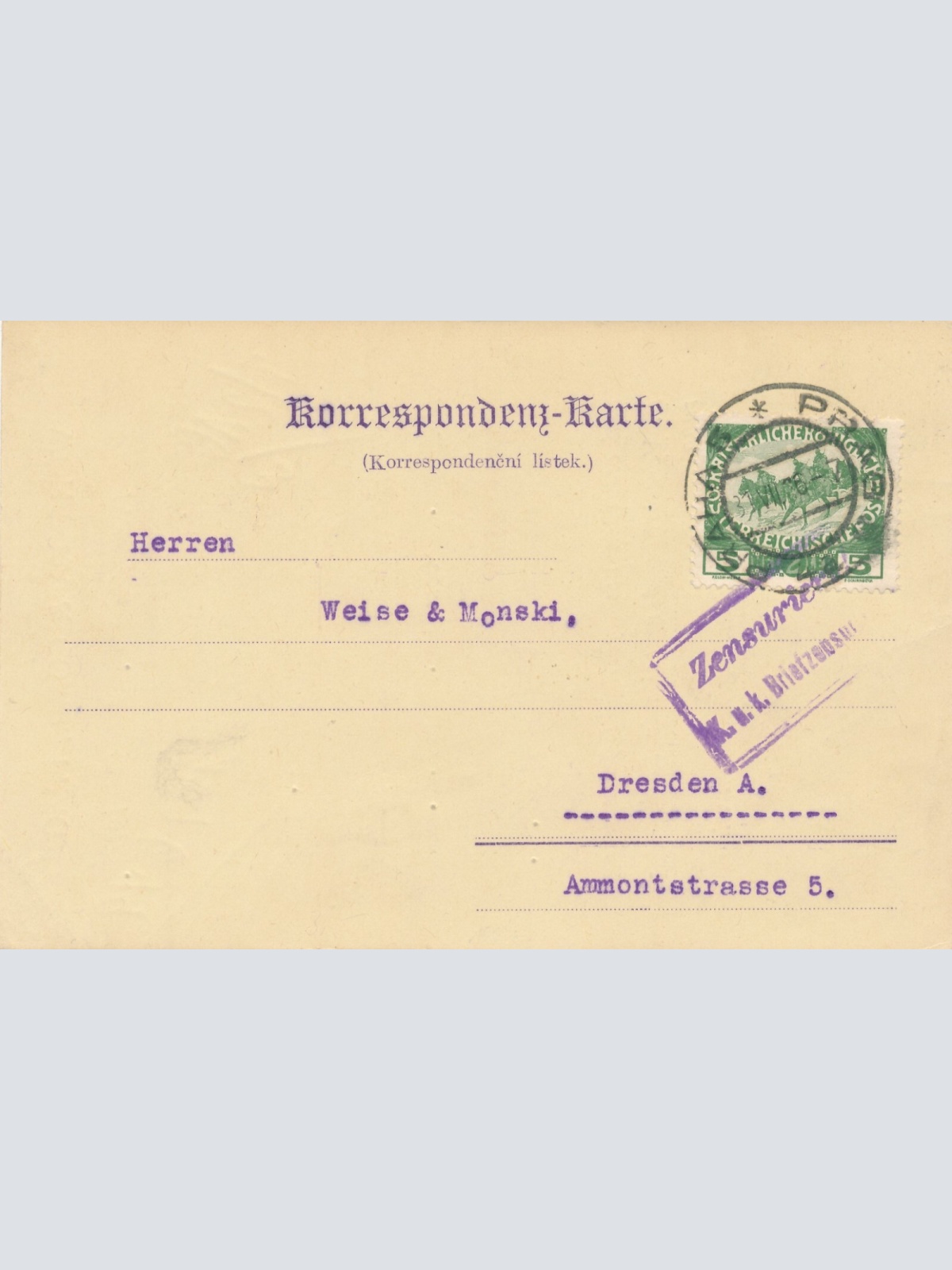 Geschäfts - Postkarte 1916 aus Prag Weise und Monski (8538)