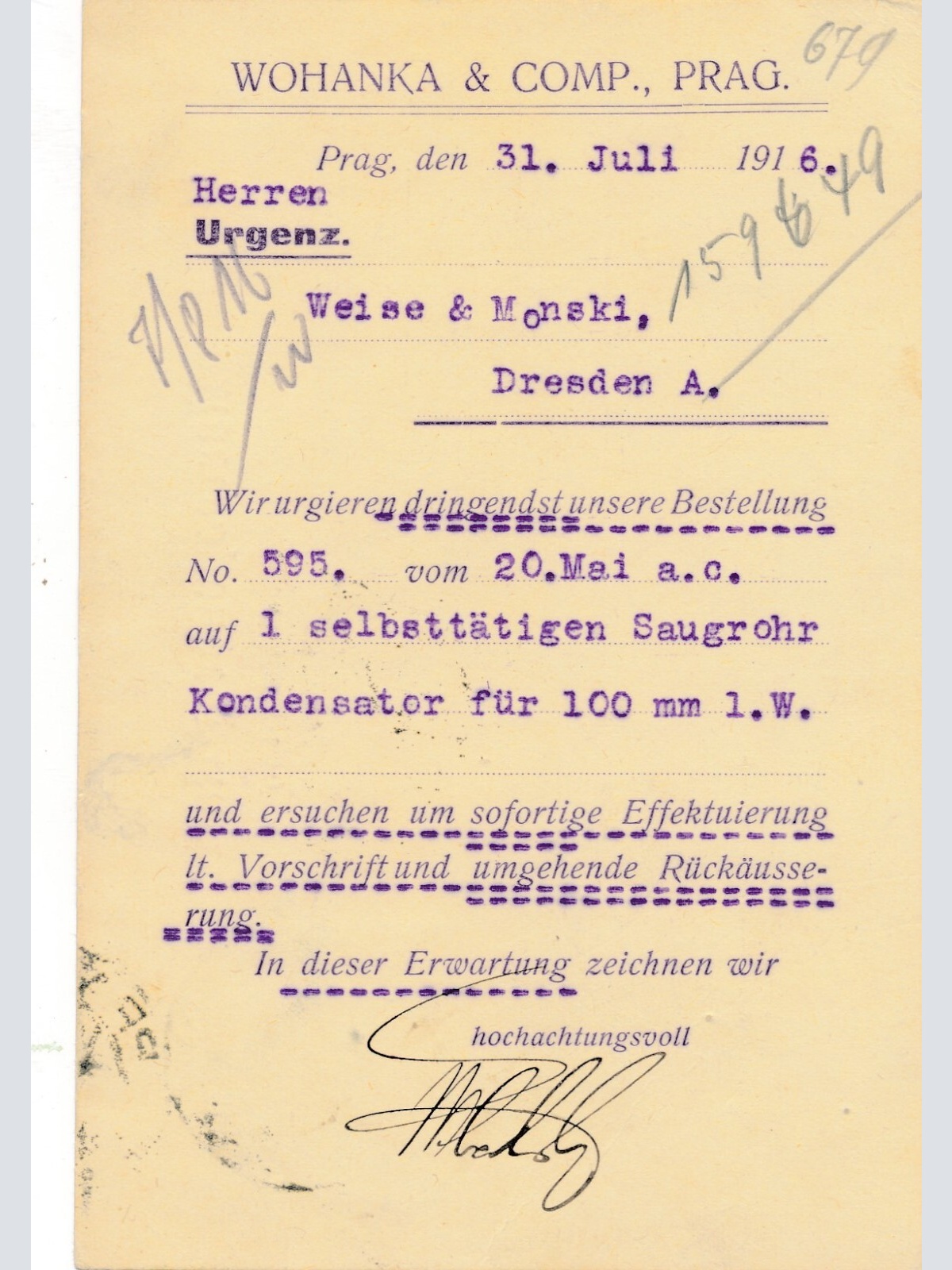 Geschäfts - Postkarte 1916 aus Prag Weise und Monski (8538)