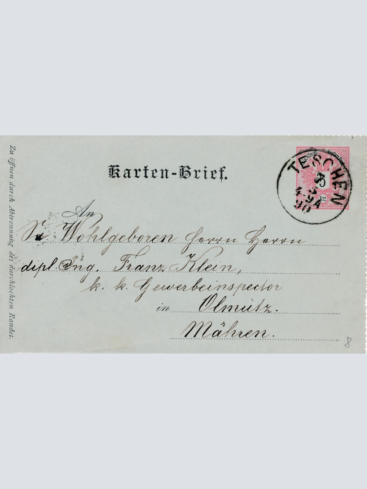 Ganzsachen - Kartenbrief 1890 aus Teschen (8539)