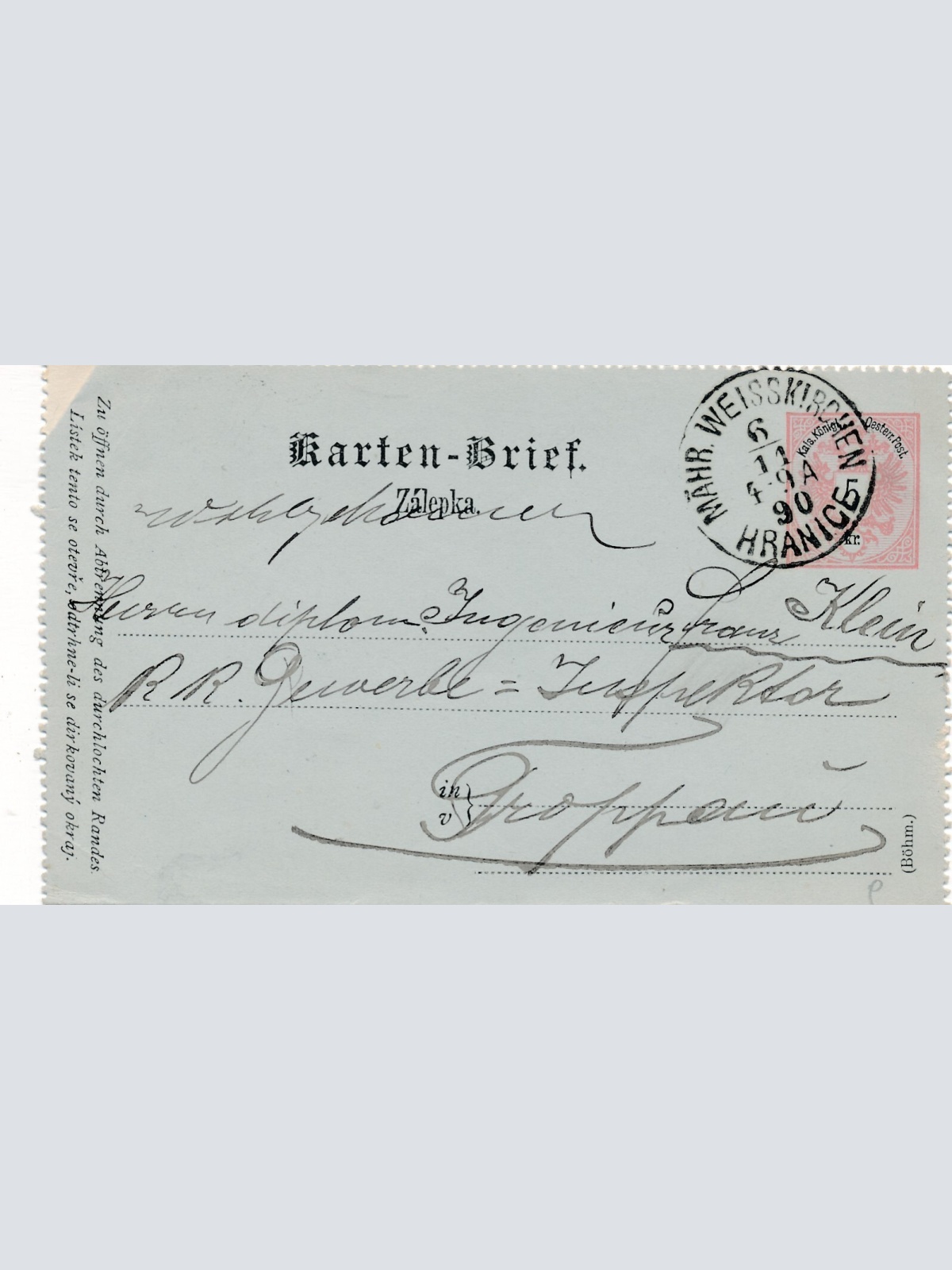 Ganzsachen - Kartenbrief 1890 aus Mähr Weisskirchen (8540)