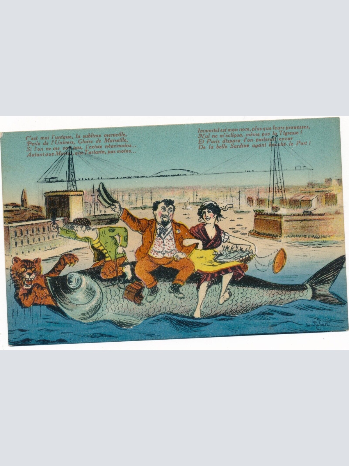 Künstler Karte aus Marseille Frankreich mit Riesen Fisch Ansichtskarte (8571)