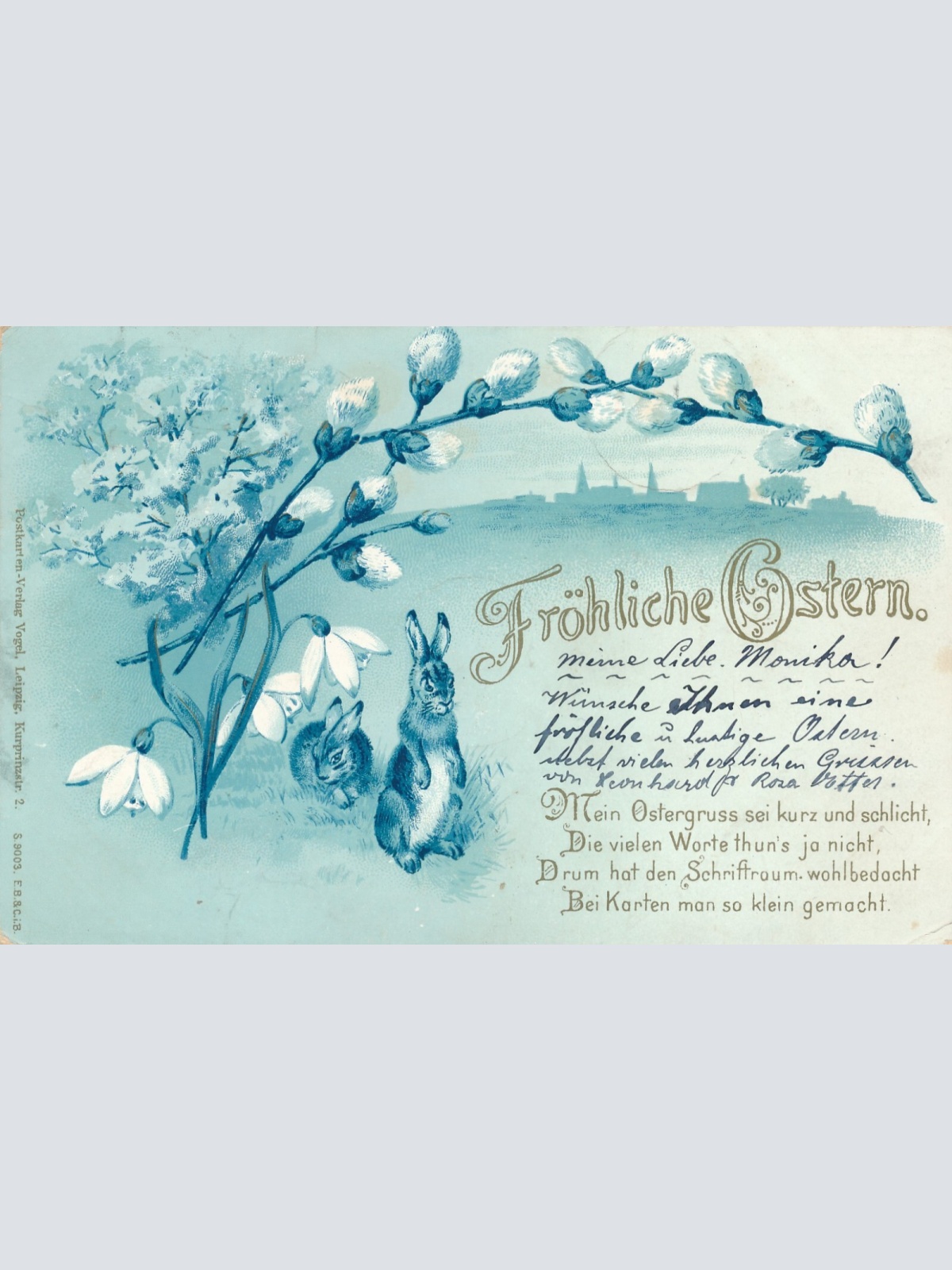 Litho - Karte Fröhliche Ostern mit Hasen Ansichtskarte (8634)