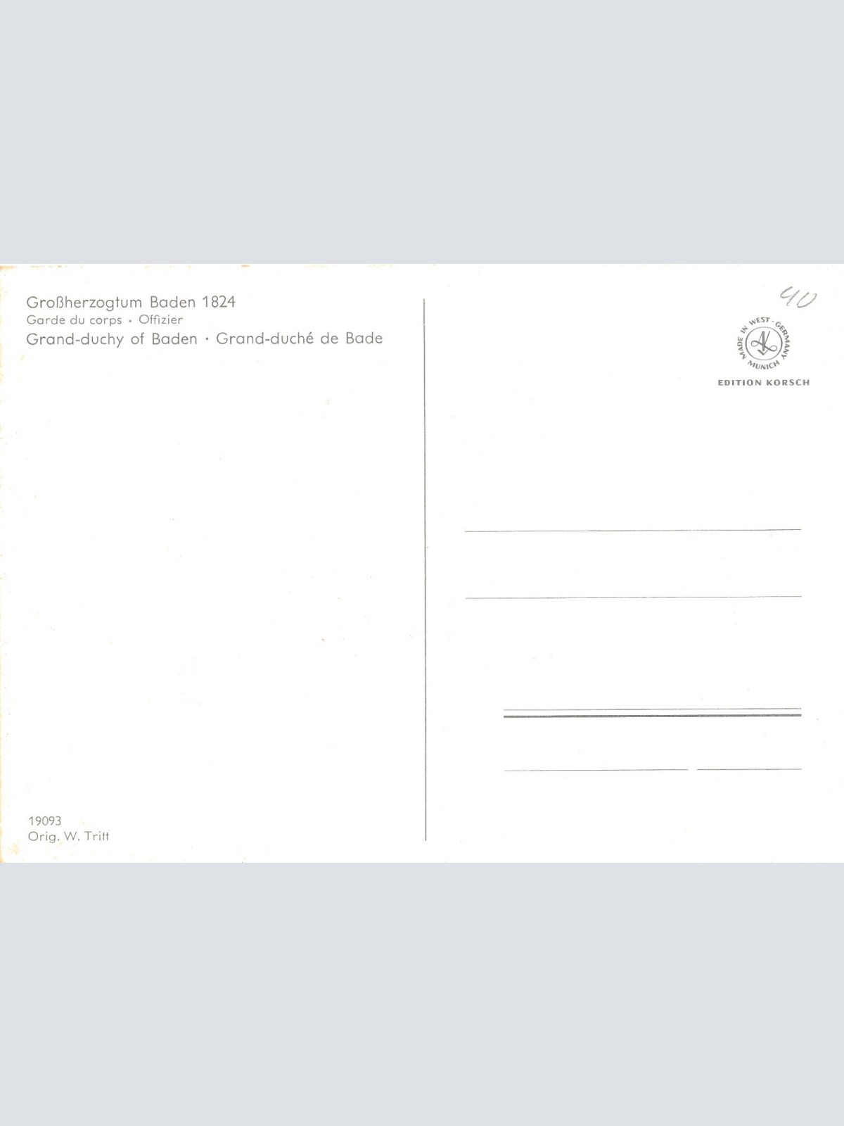AK Uniform Großherzogtum Baden 1824 Garde Leutnant Ansichtskarte (8705)