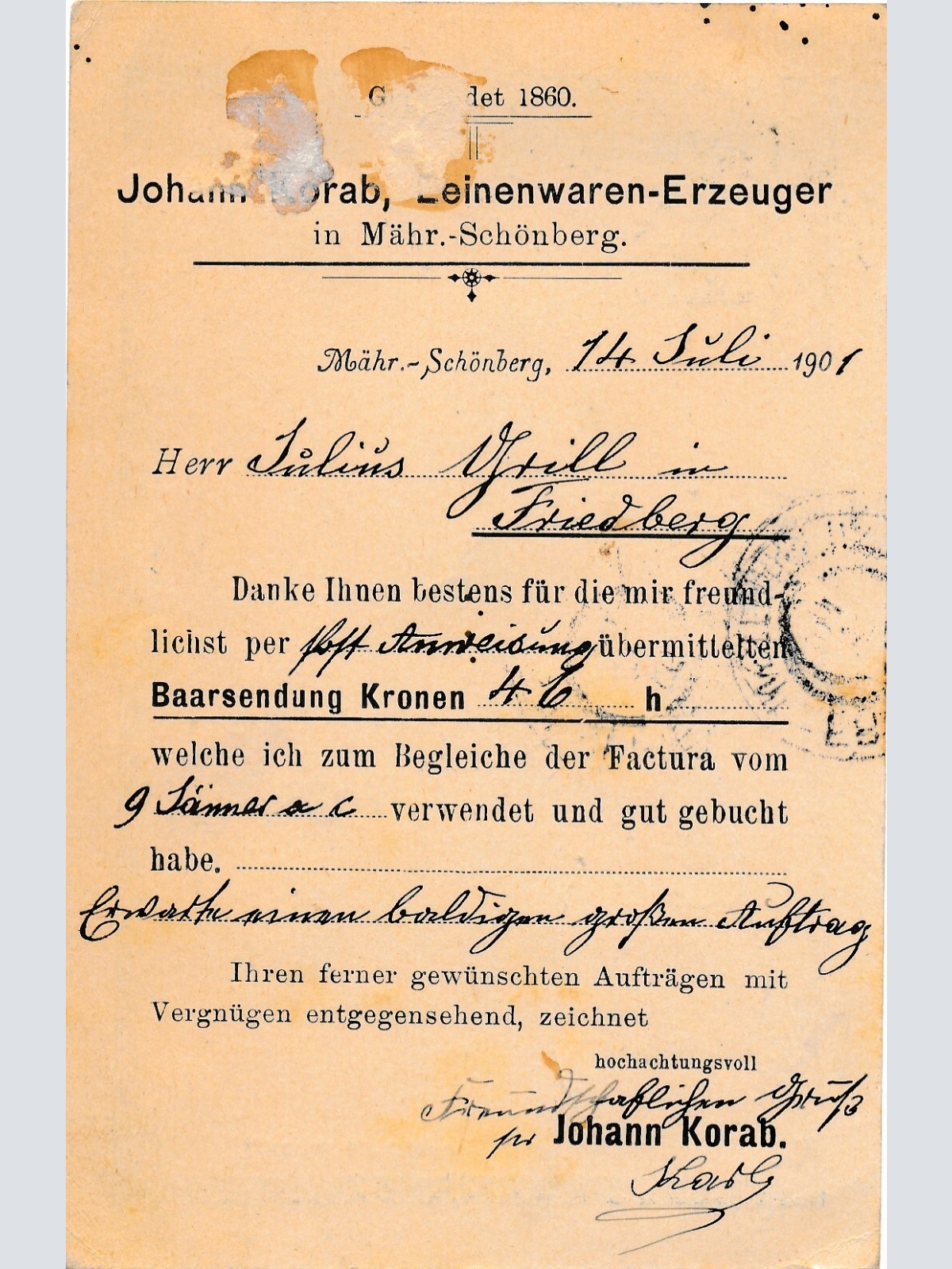 5 Heller Ganzsachen - Karte 1904 aus Mähr Schönberg (8385)