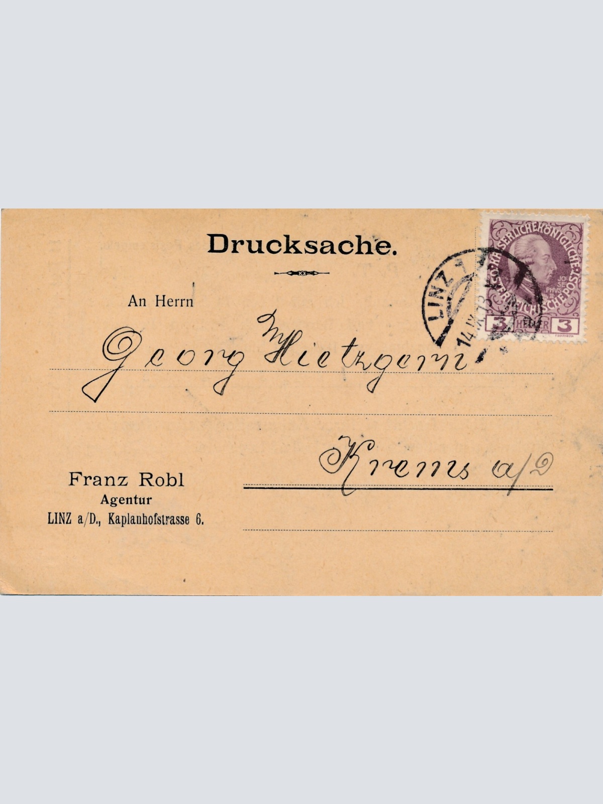 Geschäftspostkarte 1913 aus Linz Franz Robl Agentur (8950)