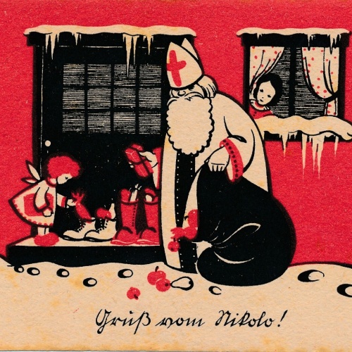 Motiv - Karte gruß vom Nikolaus am Geschenke austeilen (7231)