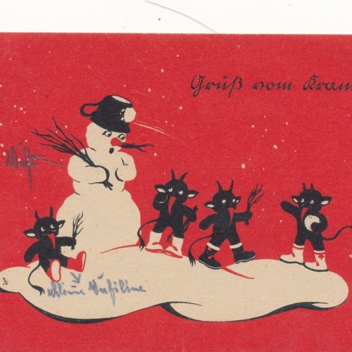 Motiv - Karte gruß vom Krampus drei Krampuss mit Schneemann (7223)