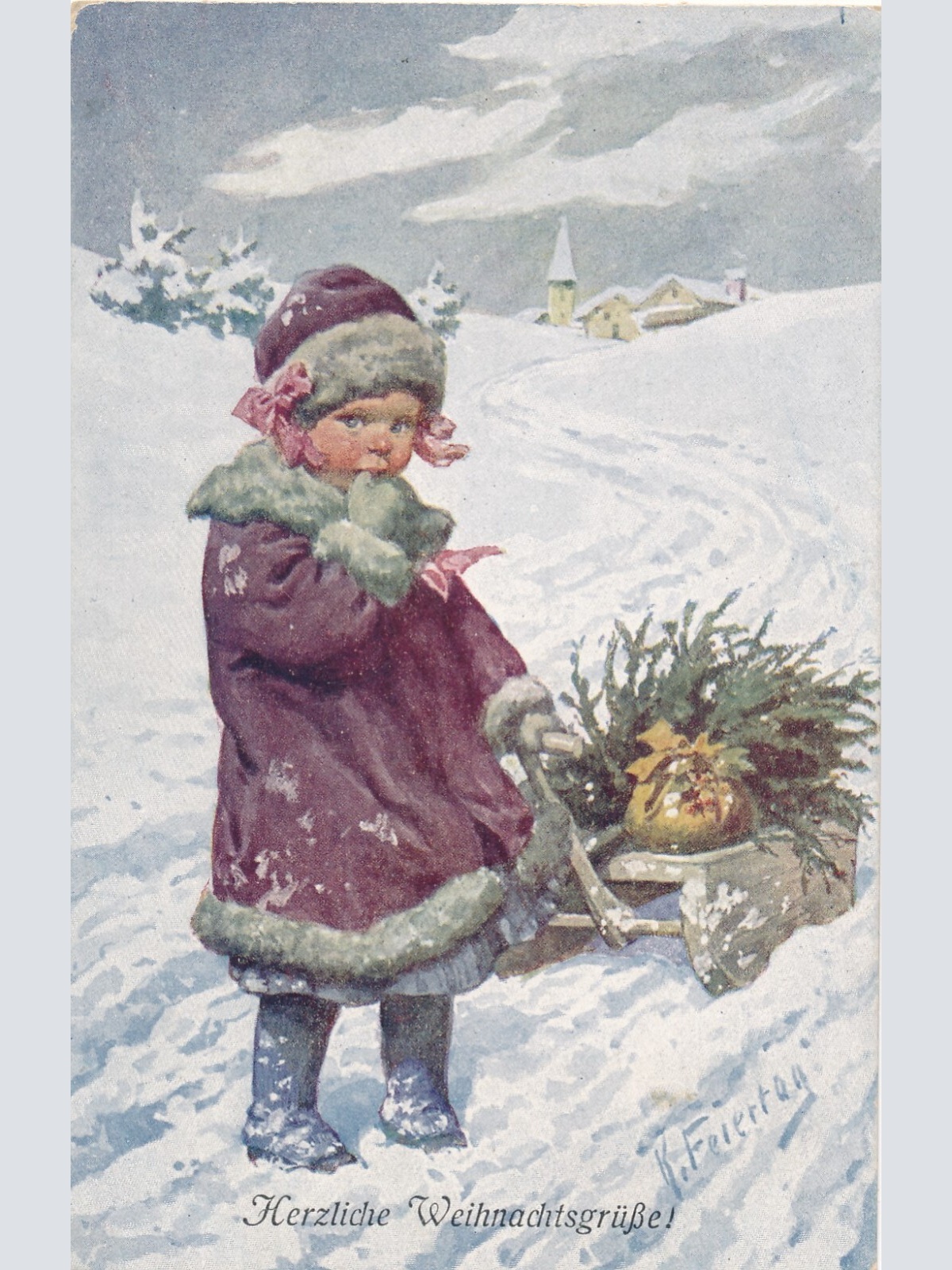 Motiv - Karte Herzliche Weihnachten Mädchen mit Schlitten (7212)