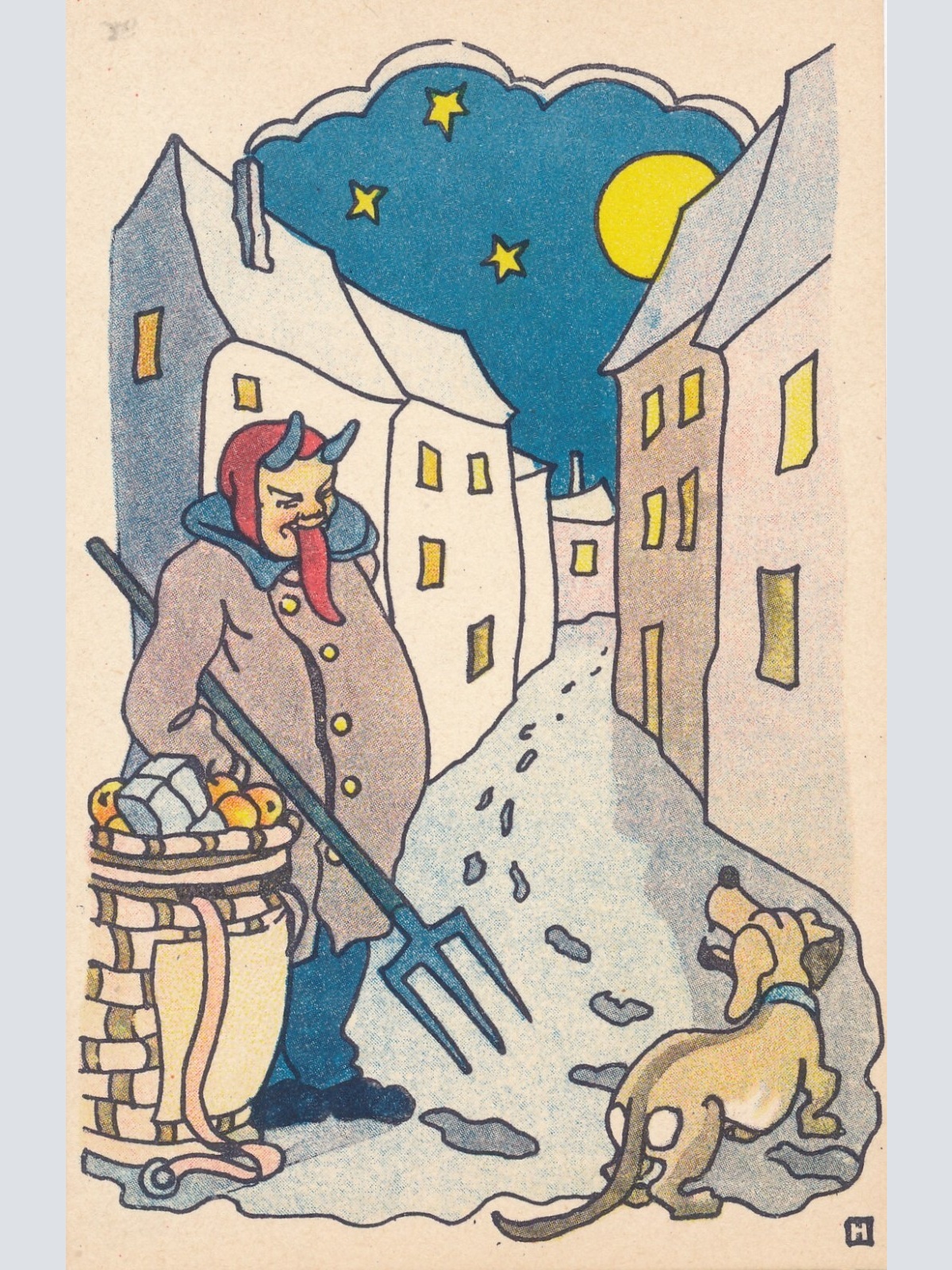 Motiv - Karte Krampus mit Dreizack und Hund (7219)