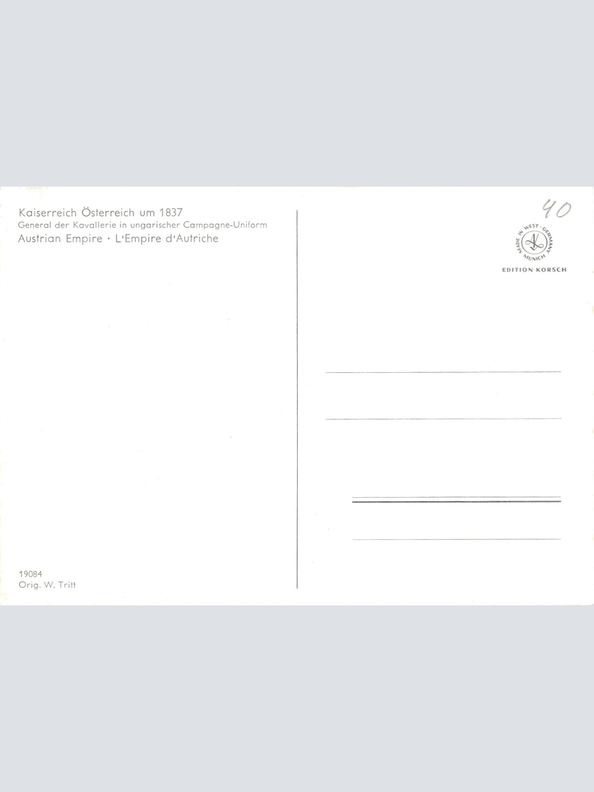 AK Uniform Kaiserr. Österr 1837 General der Kavallerie Ansichtskarte (8721)