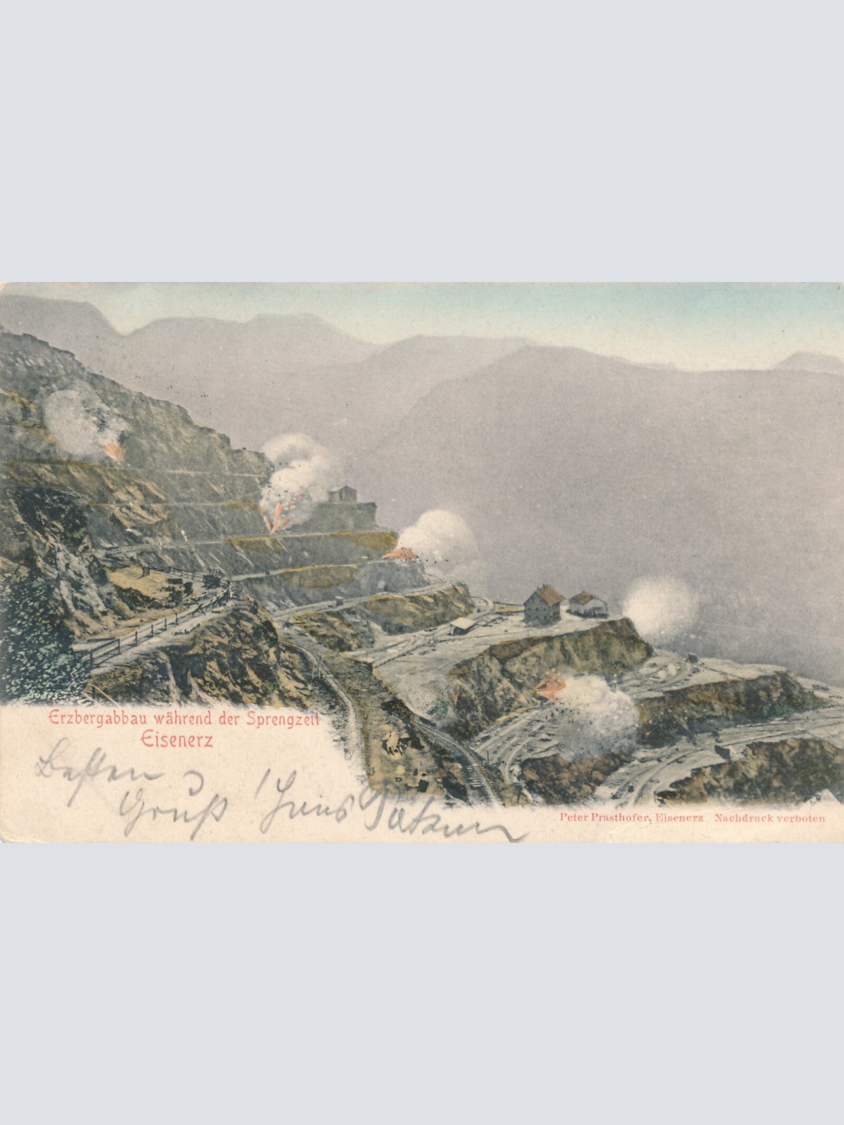 AK aus Eisenerz Erzbergabbau während Sprengzeit Steiermark Ansichtskarte (9229)