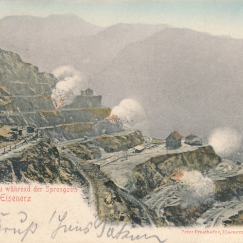 AK aus Eisenerz Erzbergabbau während Sprengzeit Steiermark Ansichtskarte (9229)
