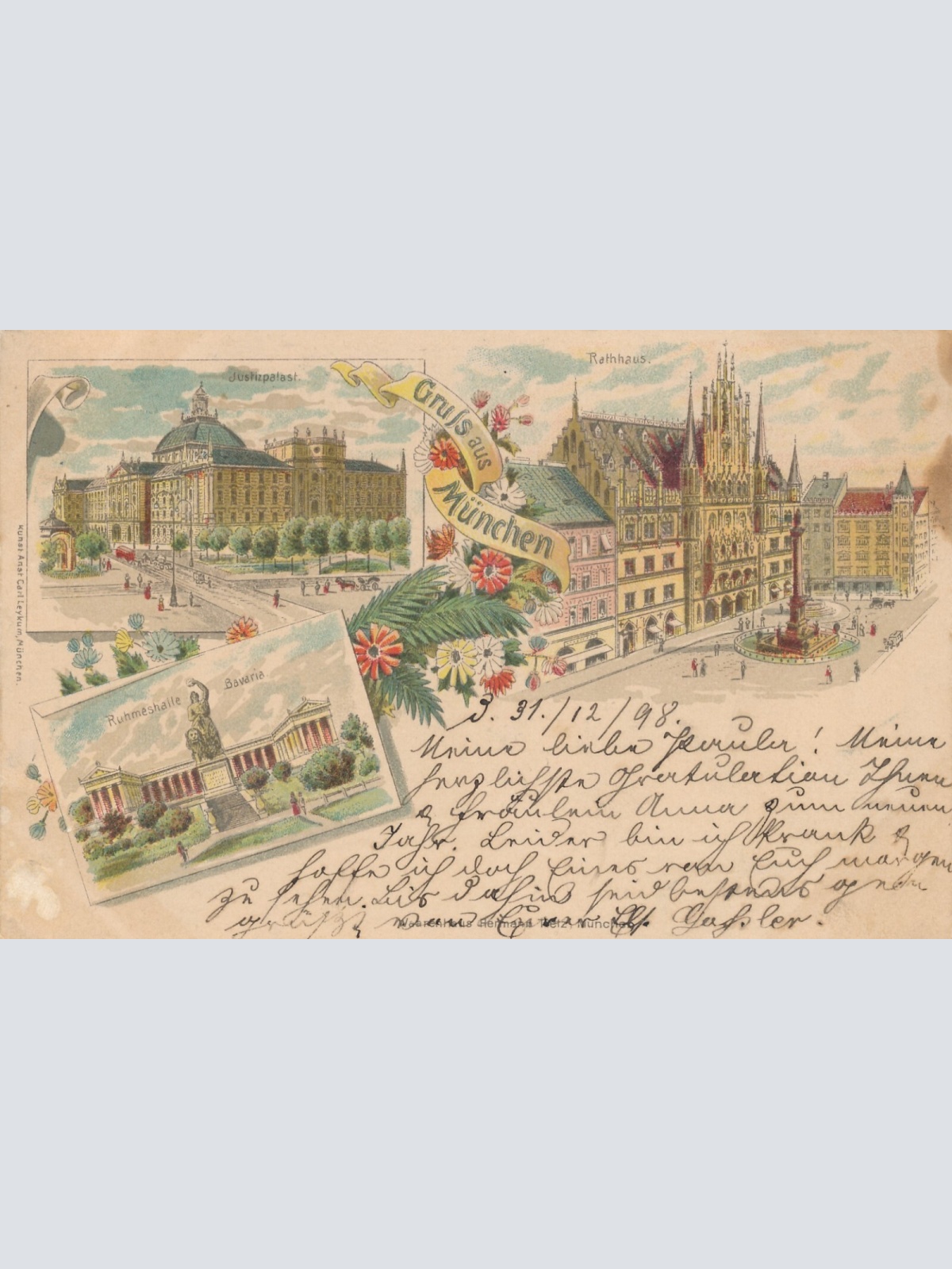 Litho - Karte gruss aus München mit Rathaus Bayern Ansichtskarte (9337)