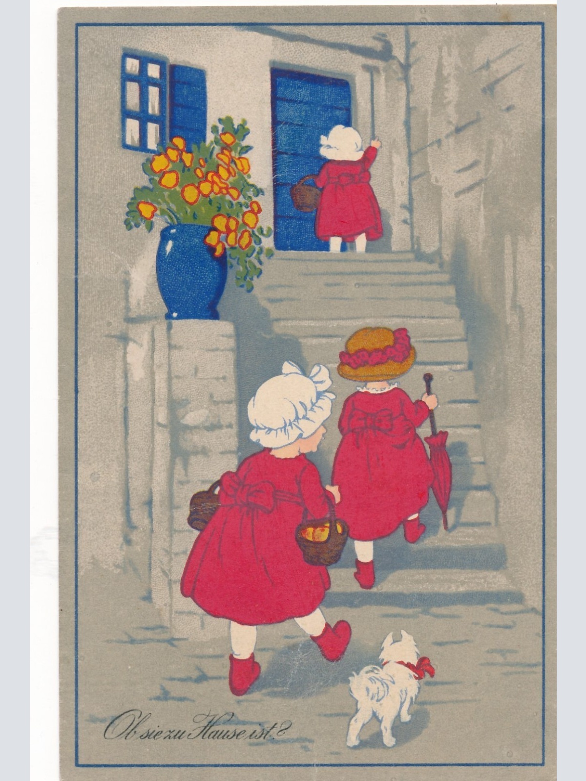 Motiv - Karte Ob sie Zuhause ist ? drei Mädchen Ansichtskarte (10200)