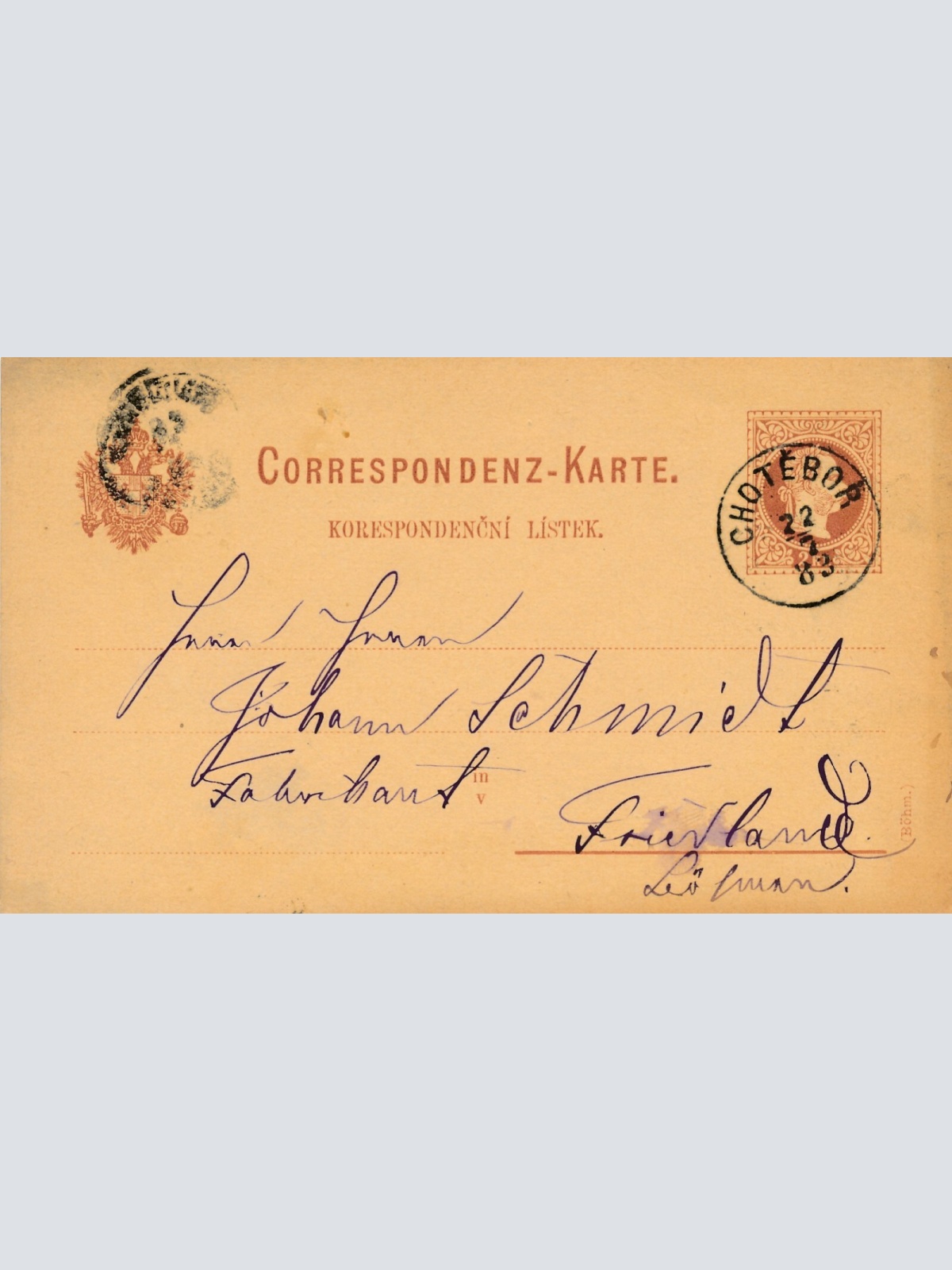 2 Kreuzer - Ganzsachen - Karte 1883 aus Chotebor (10051)