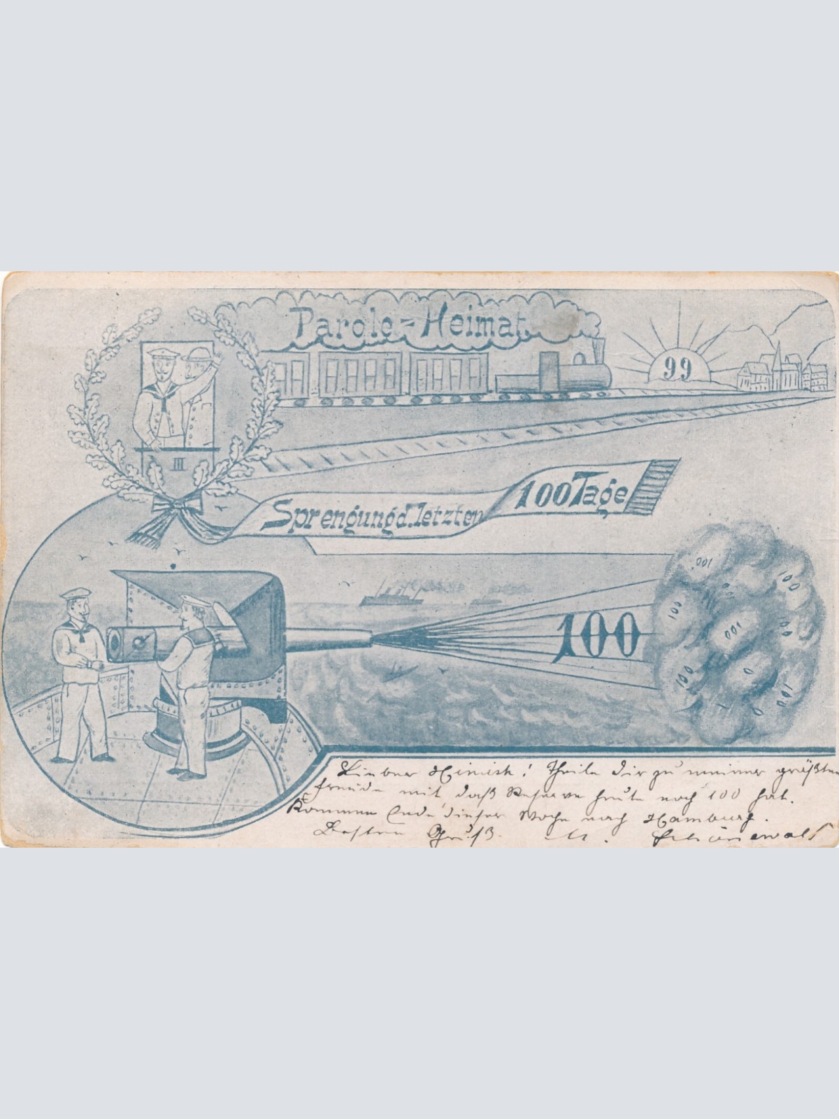 AK Parode Heimat Sprengung 100 Tage Millitaria Ansichtskarte (8646)