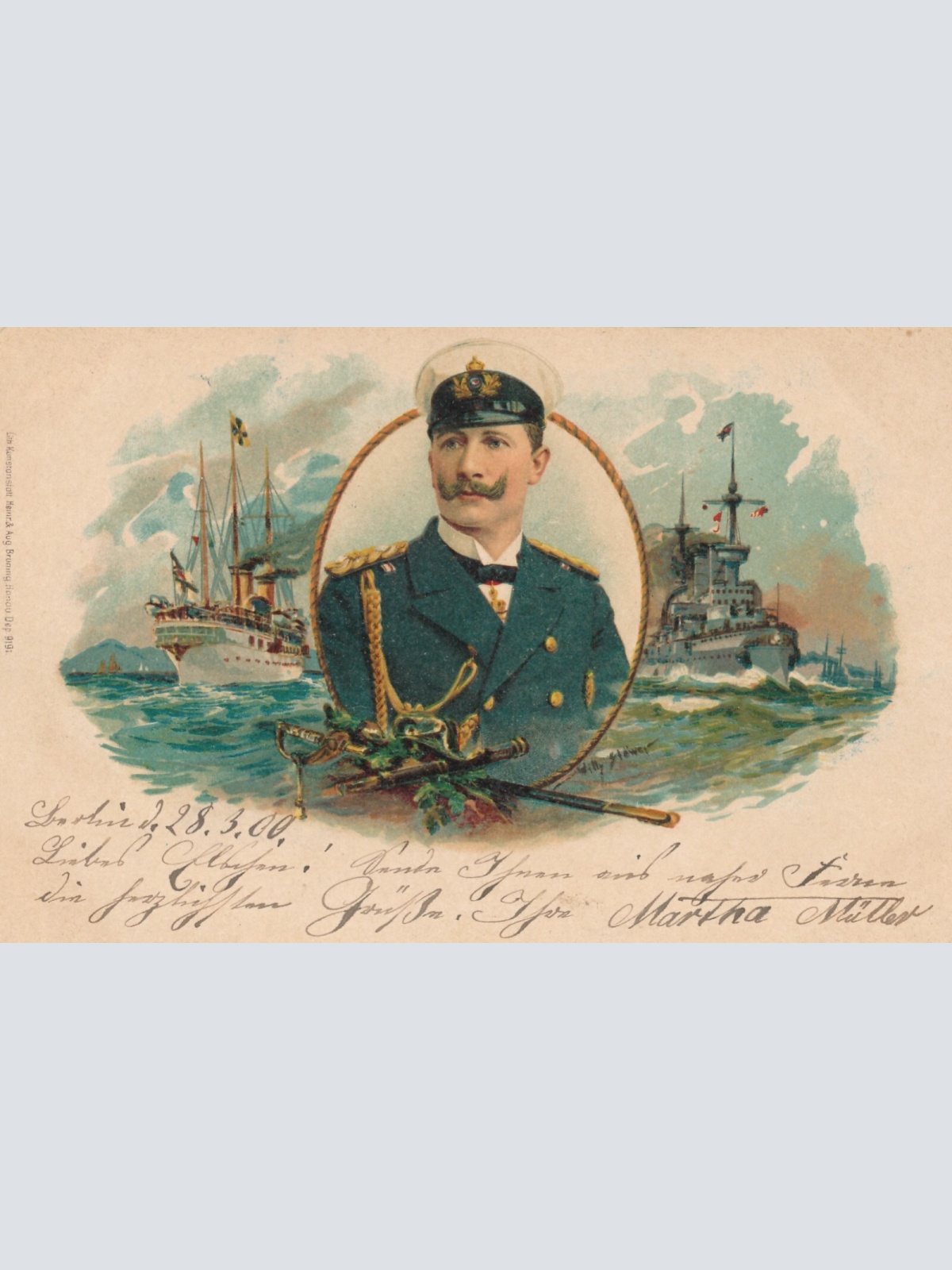 Kunst - Karte Willi Stöwer mit Schlachtschiffen Millitaria Ansichtskarte (8645)