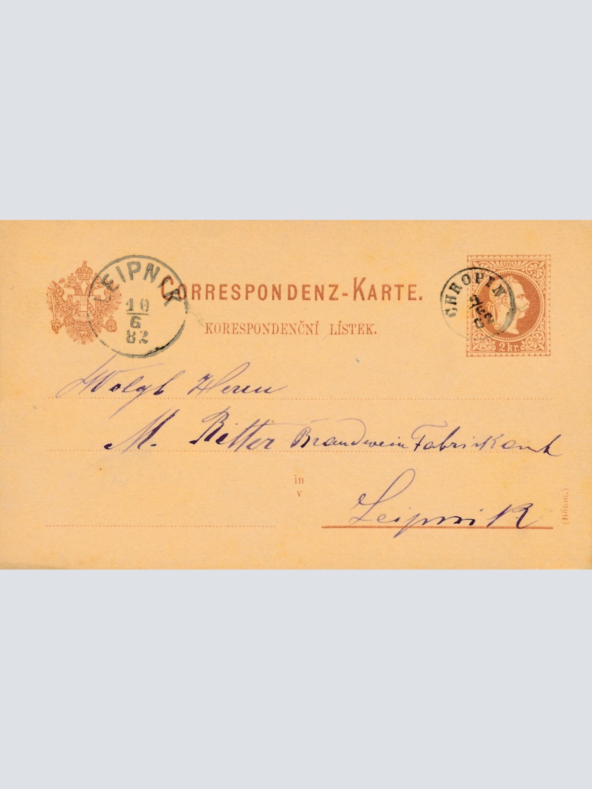 2 Kreuzer - Ganzsachen - Karte 1882 aus Chropin (10163)