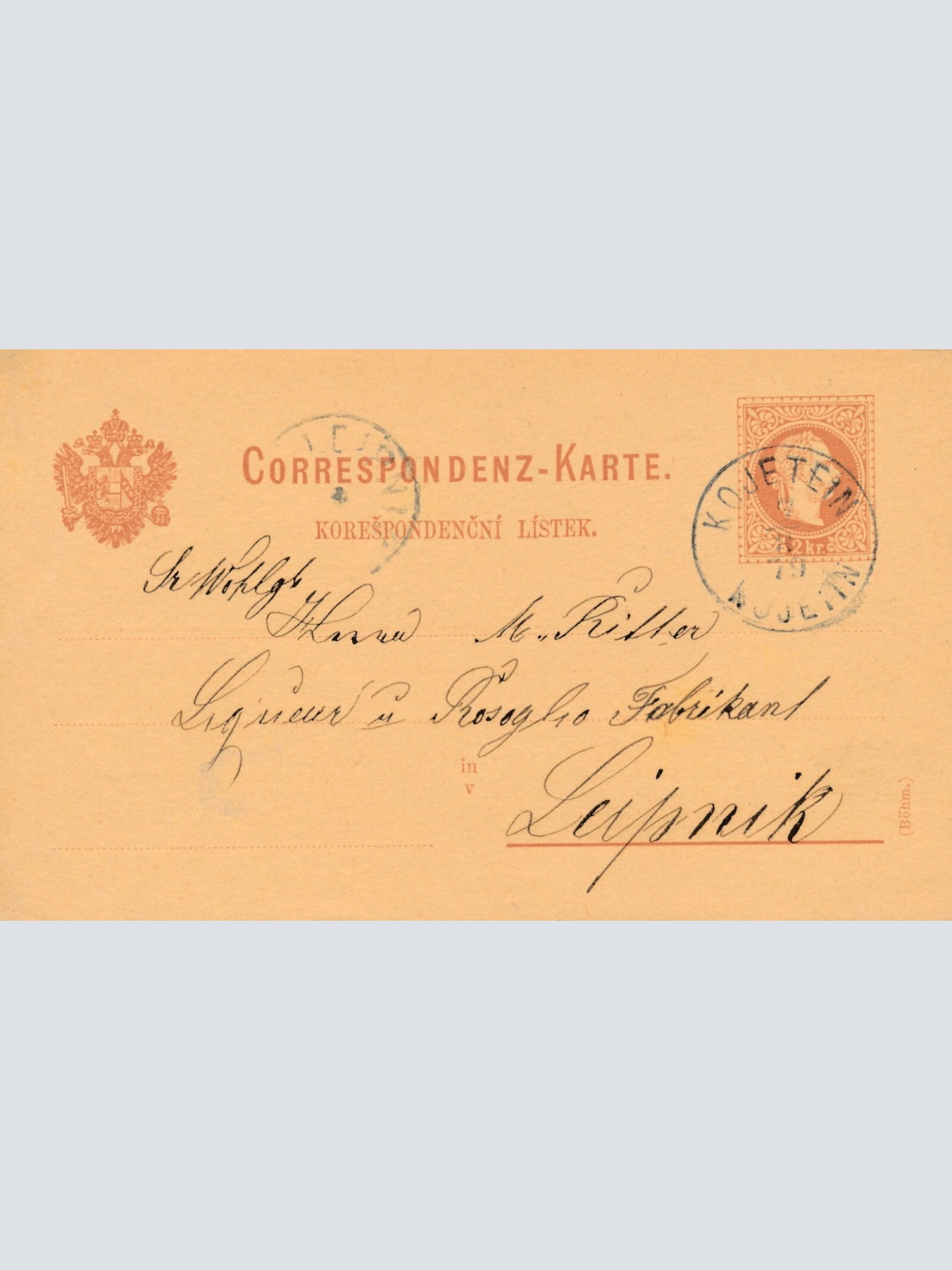 2 Kreuzer - Ganzsachen - Karte 1879 aus Kojetein (10060)