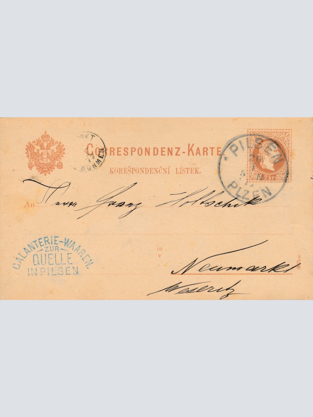 2 Kreuzer - Ganzsachen - Karte 1877 aus Pilsen (10082)